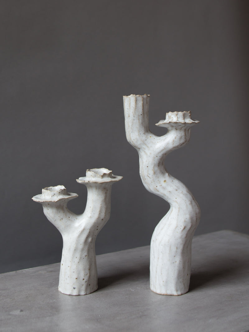 Tall White Lumena Double Candlestick